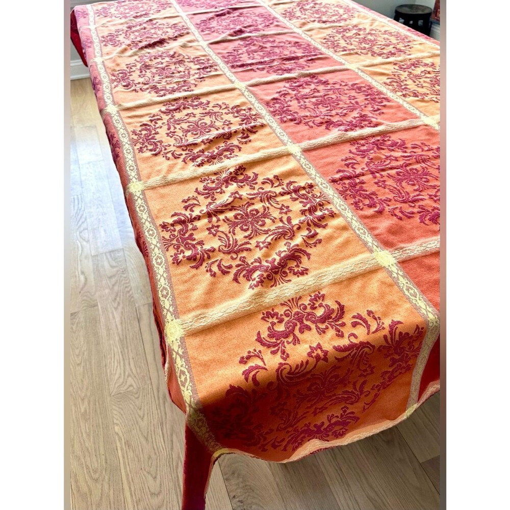 Harvest Damask Tablecloth 98” x 52.5” Autumn Floral Print, Fall Dining Decor